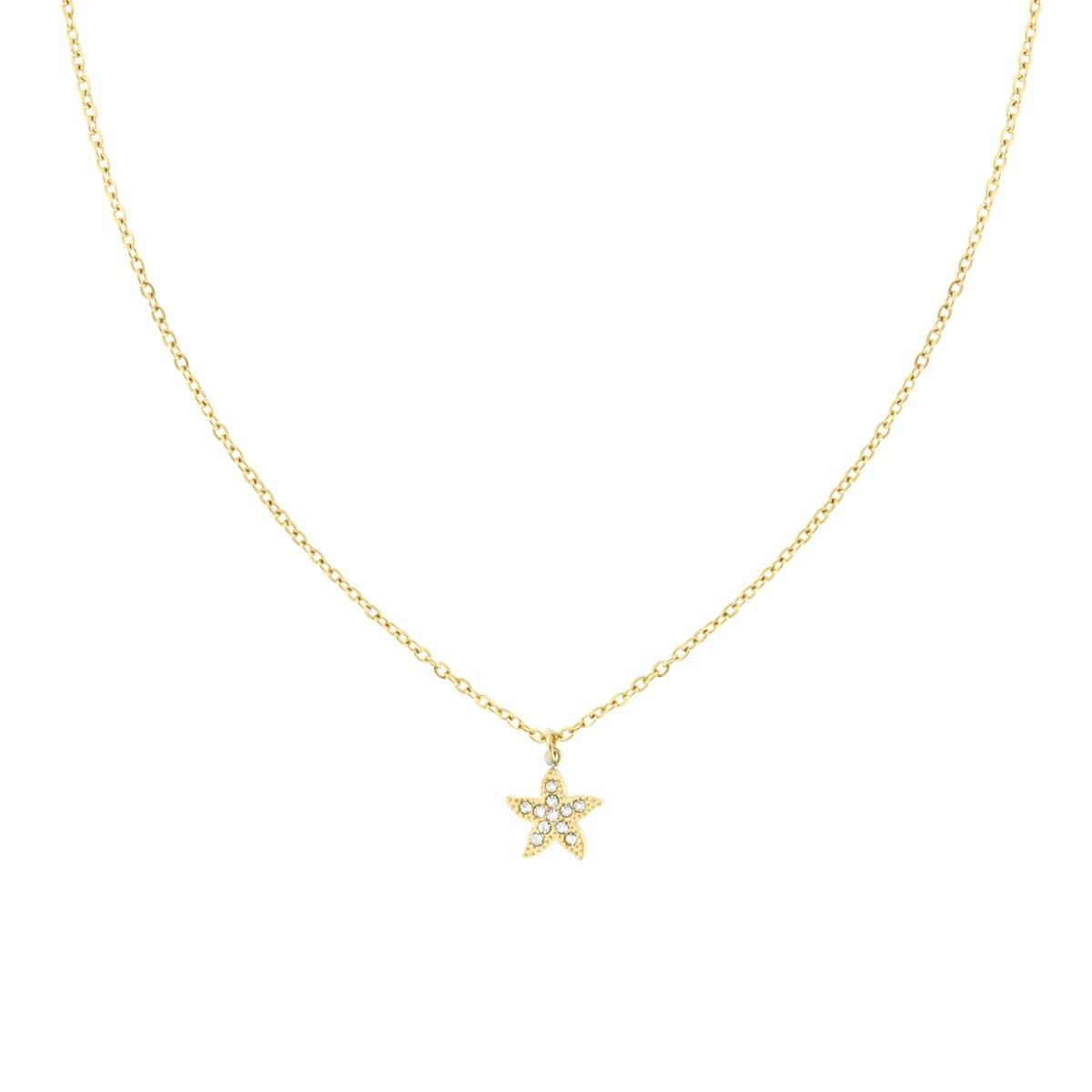 Collana Catena Forzatina Diamantata con Stella Marina e Crystal Bianchi in ACCIAIO colore Oro<BR>