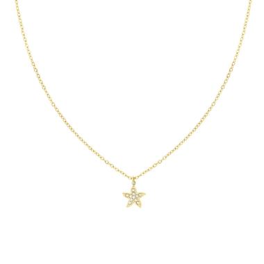 Collana Catena Forzatina Diamantata con Stella Marina e Crystal Bianchi in ACCIAIO colore Oro<BR>