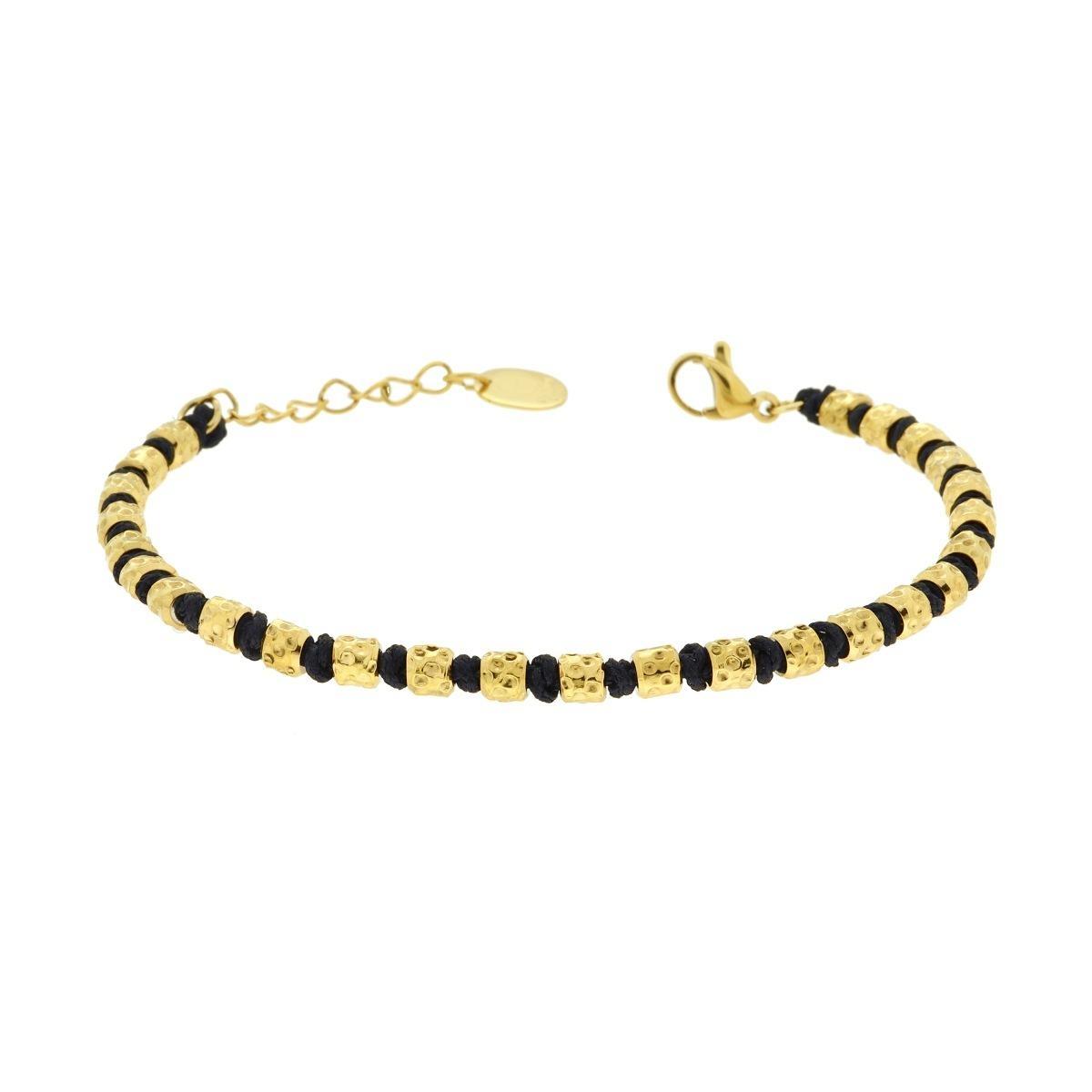 Bracciale Catena di Cilindretti Martellati alternati a Nodi in Cotone Nero in ACCIAIO colore Oro<BR>
