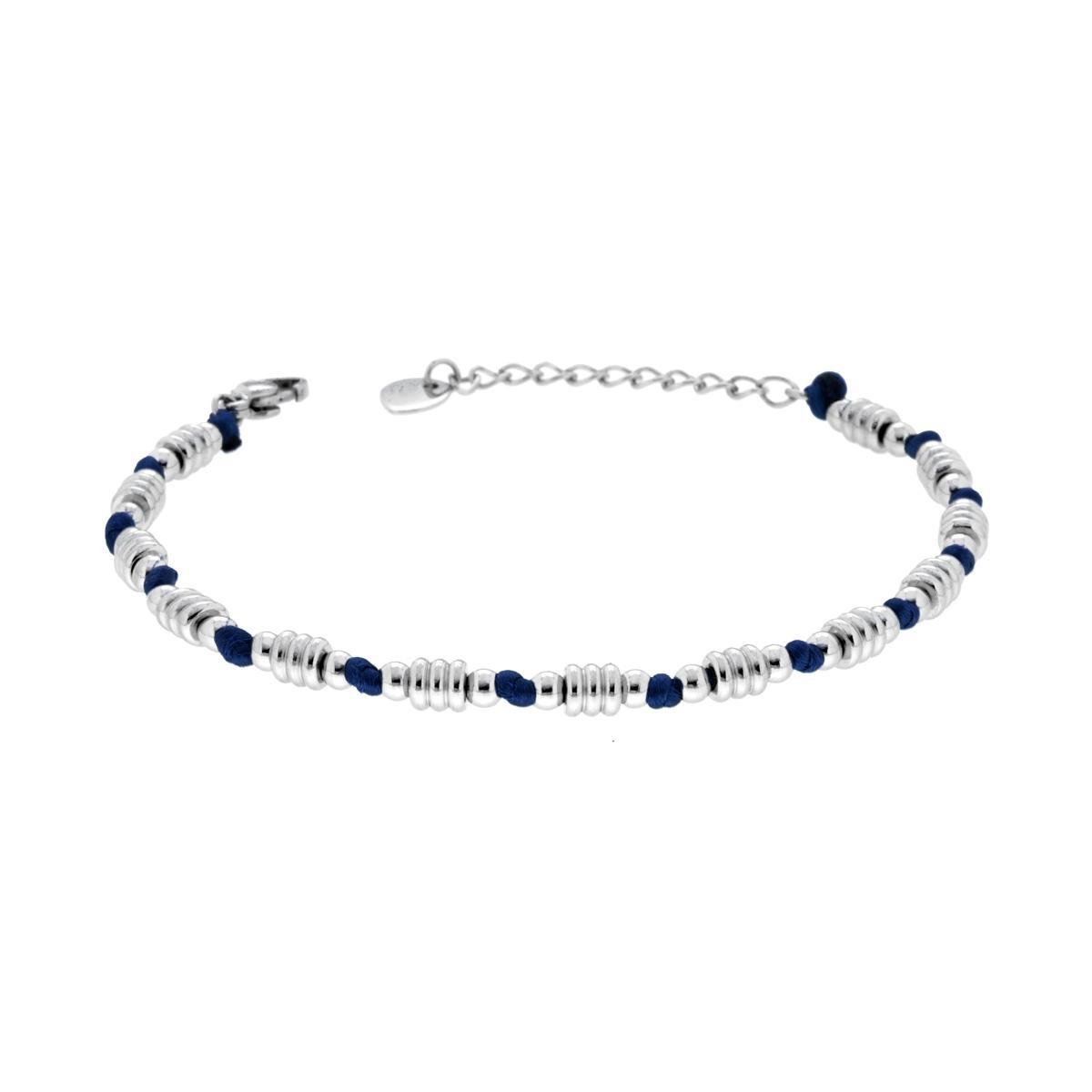Bracciale Catena di Anelli e Palline alternate a Nodi in Cotone Blu in ACCIAIO<BR>