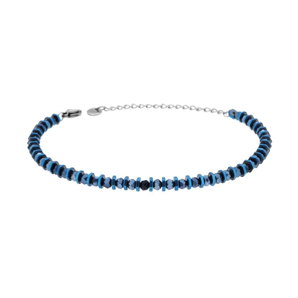 Bracciale Catena di Bulloncini e Crystal Blu in ACCIAIO <BR>