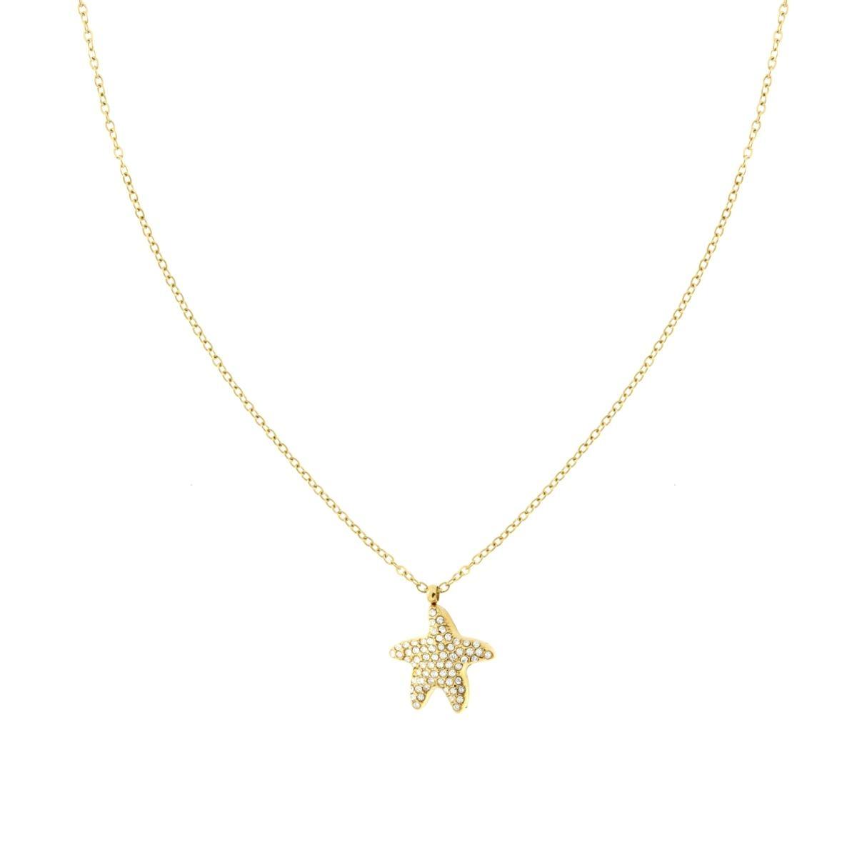 Collana Catena Forzatina Diamantata con Stella Marina e Crystal Bianchi in ACCIAIO colore Oro<BR>