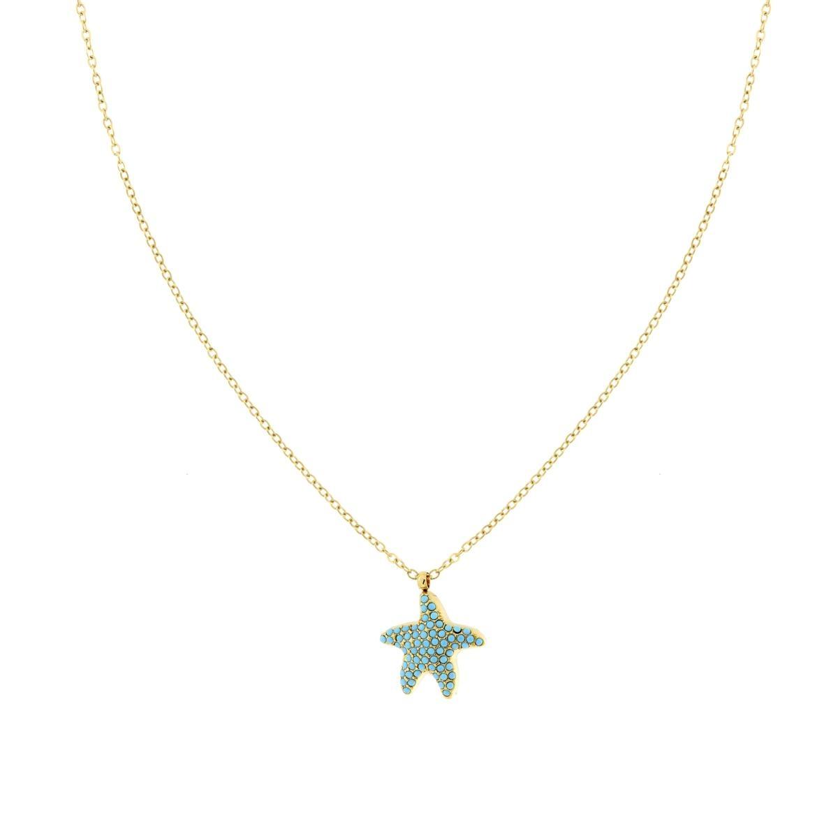 Collana Catena Forzatina Diamantata con Stella Marina e Crystal Turchese in ACCIAIO colore Oro<BR>