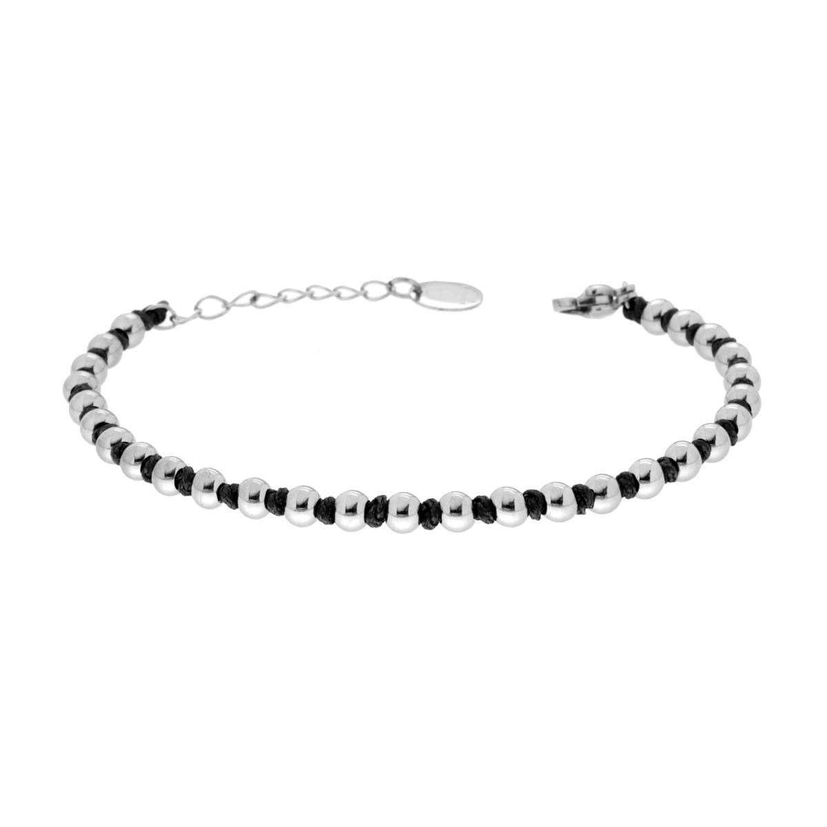 Bracciale Catena con Palline alternate a Nodi in Cotone Nero in ACCIAIO<BR>