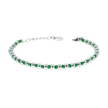 Bracciale Catena con Palline alternate a Nodi in Cotone Verde in ACCIAIO