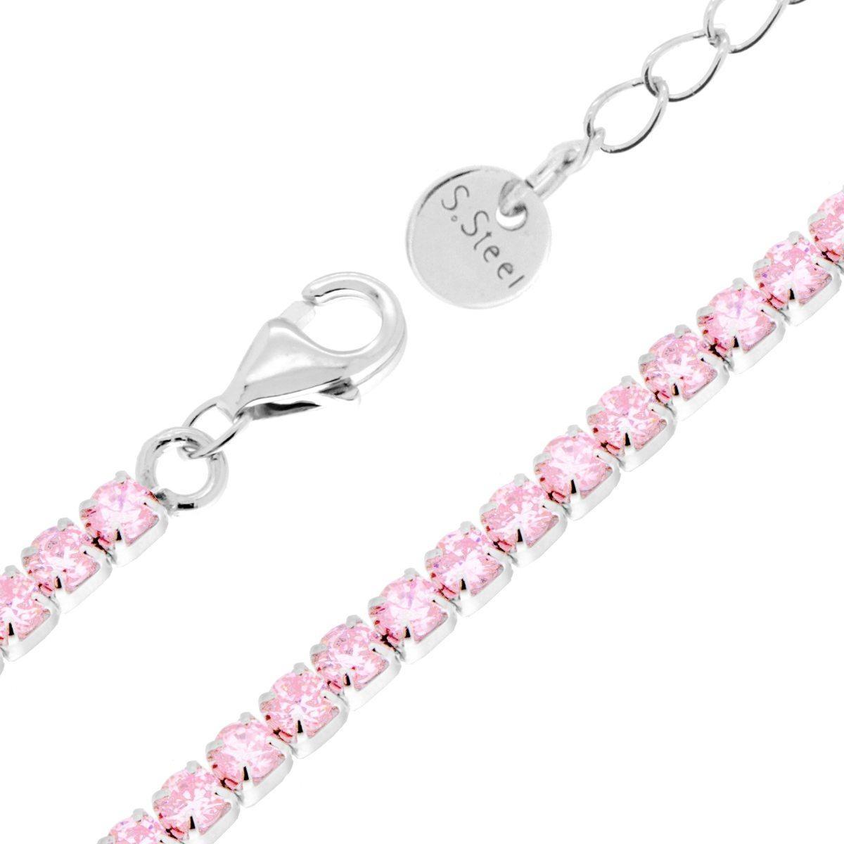 Bracciale Tennis Griffe cm 16+5 con Crystal mm 3 Rosa in ACCIAIO<BR>
