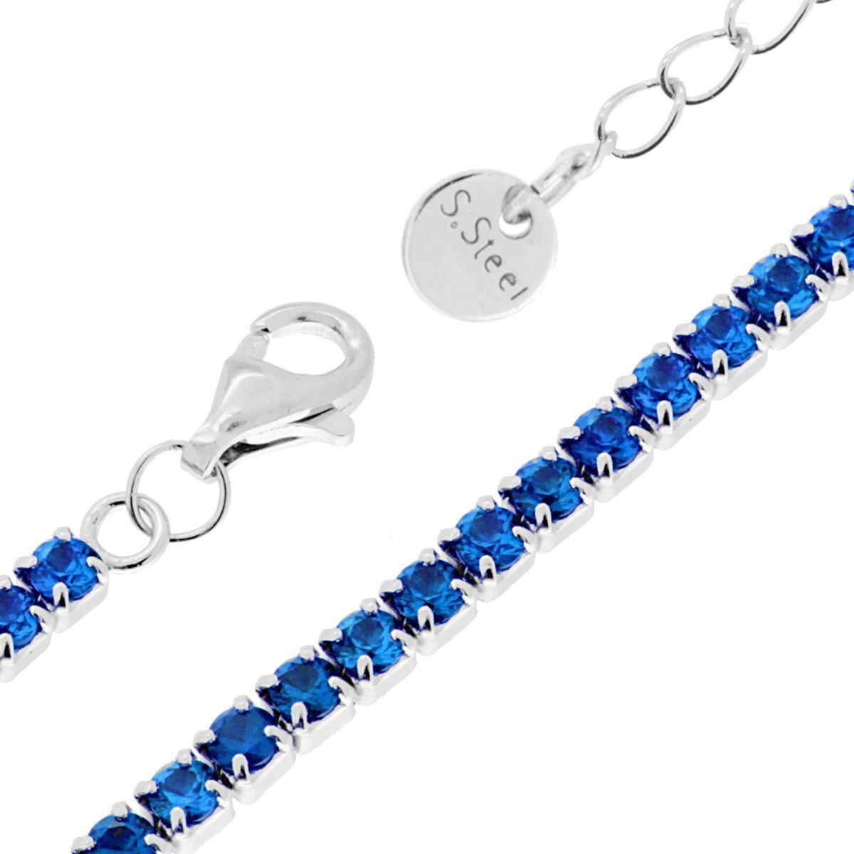 Bracciale Tennis Griffe cm 16+5 con Crystal mm 3 Blu Zaffiro in ACCIAIO<BR>