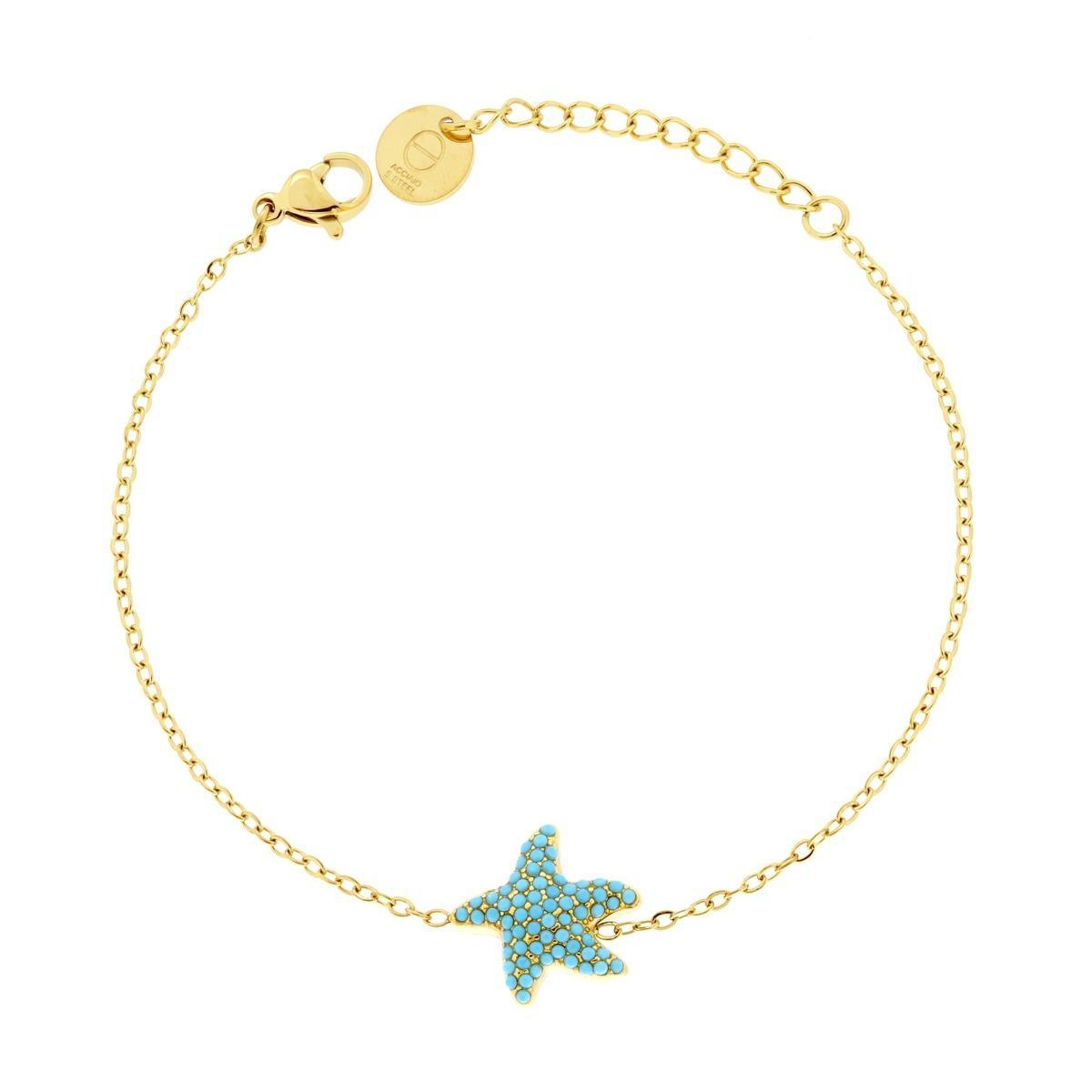 Bracciale Catena Forzatina Diamantata con Stella Marina e Crystal Turchese in ACCIAIO colore Oro<BR>