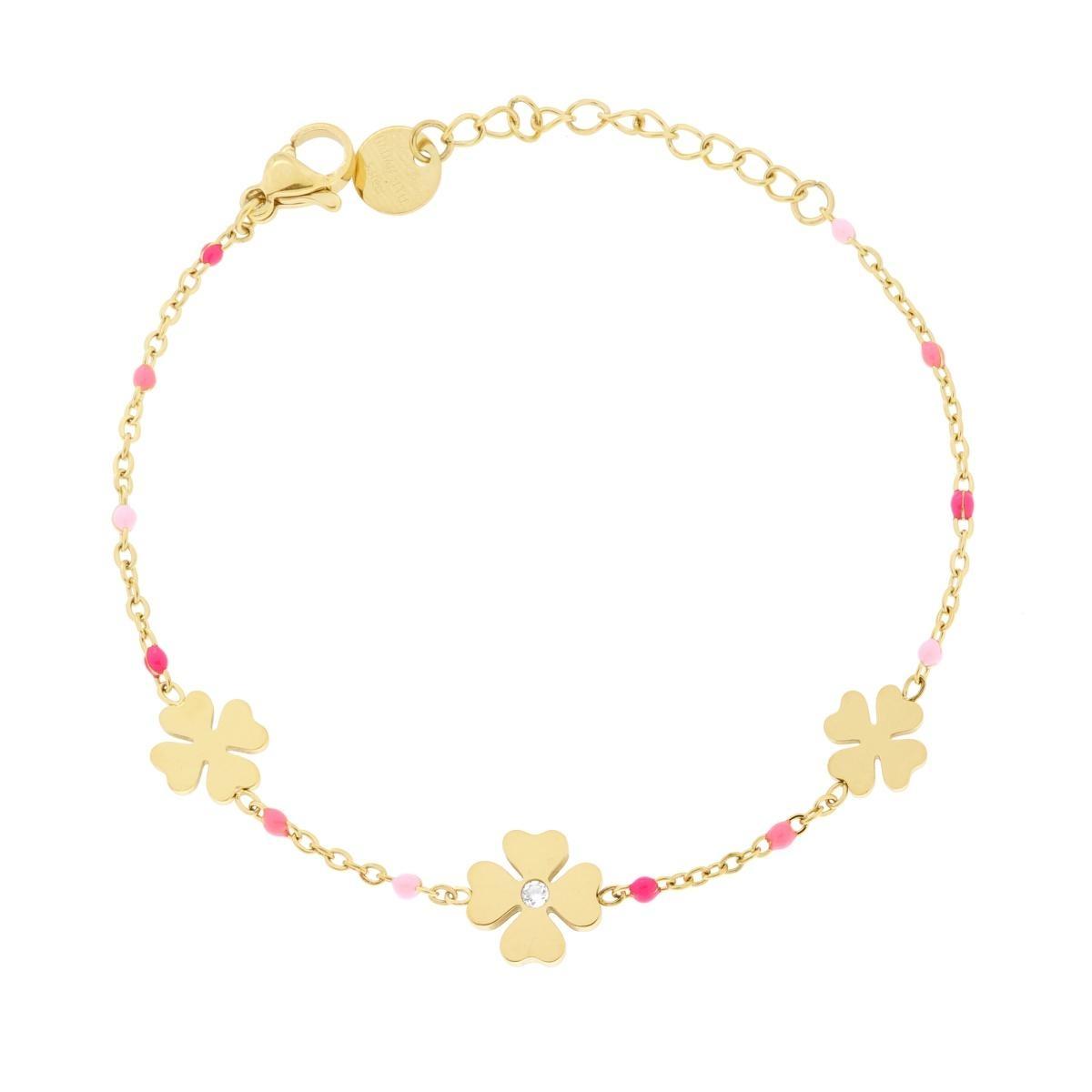 Bracciale Catena Forzatina Diamantata con Quadrifogli e Smalto Rosa in ACCIAIO colore Oro<BR>