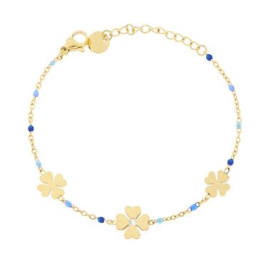 Bracciale Catena Forzatina Diamantata con Quadrifogli e Smalto Blu in ACCIAIO colore Oro<BR>