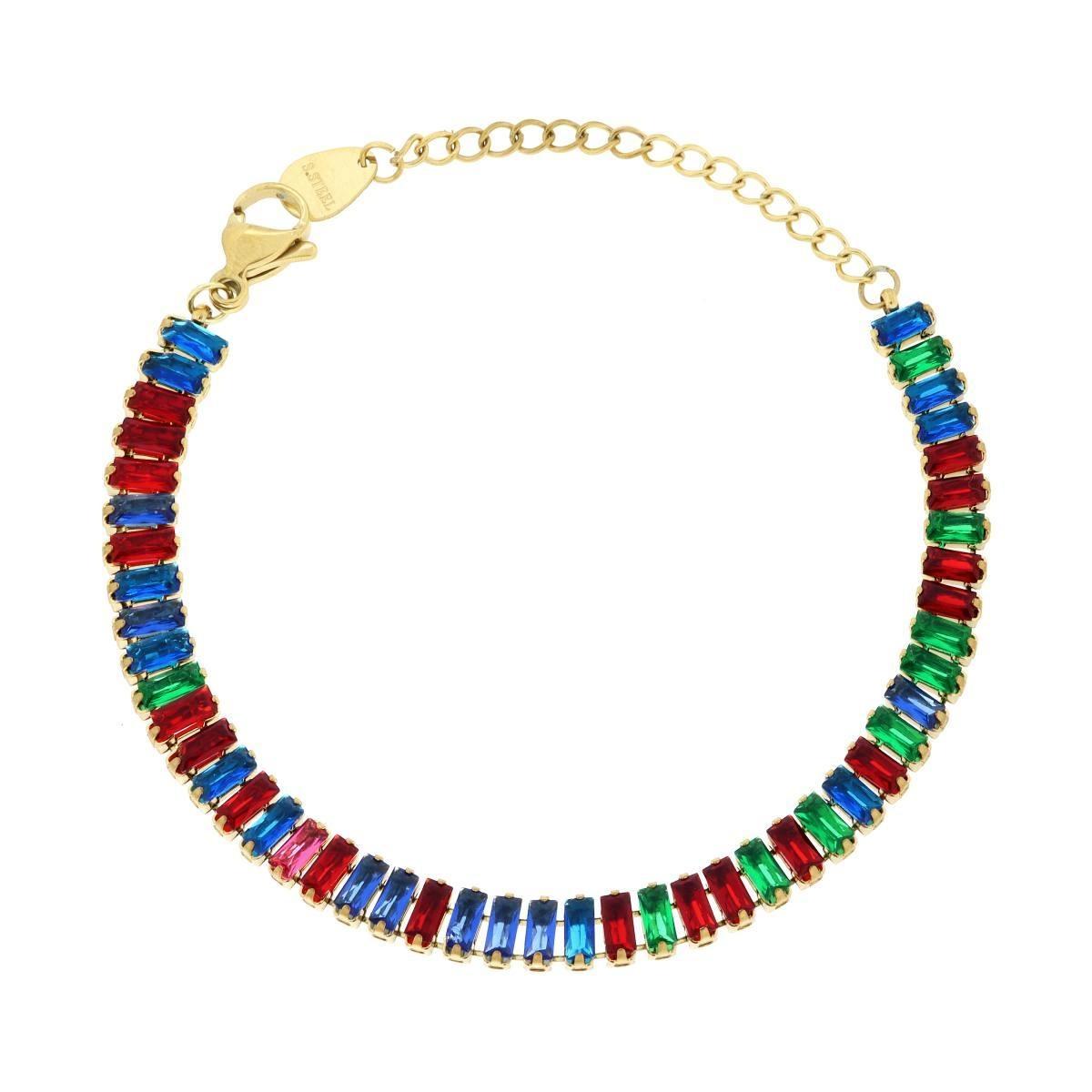 Bracciale Tennis con Crystal Multicolor Baguette in ACCIAIO colore Oro<BR>