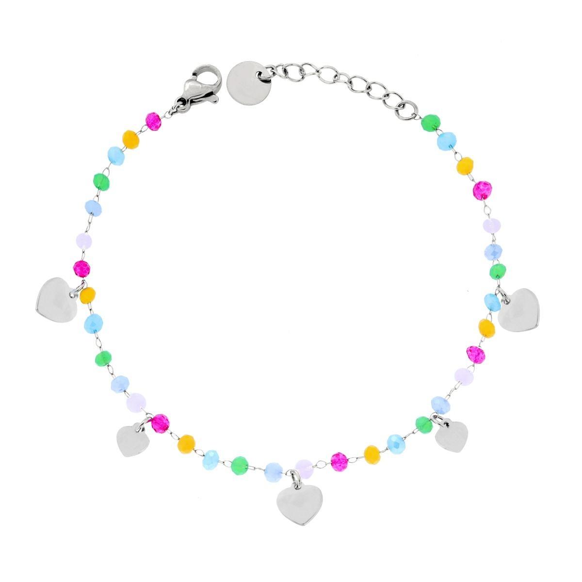 Bracciale Catena con Crystal Multicolor Pastello e Cuori plain pendenti in ACCIAIO<BR>