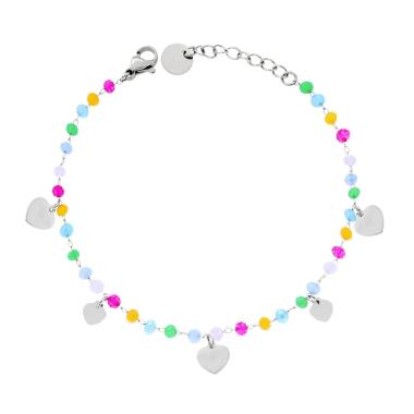 Bracciale Catena con Crystal Multicolor Pastello e Cuori plain pendenti in ACCIAIO