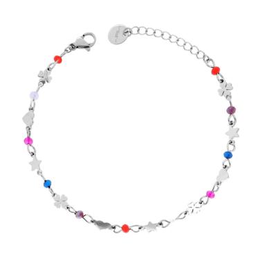 Bracciale Catena con Cuori Stelle Quadrifogli plain alternati a Crystal Multicolor in ACCIAIO 
