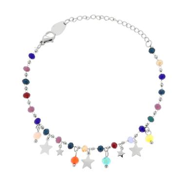Bracciale Catena con Crystal Multicolor e Stelle plain pendenti in ACCIAIO 