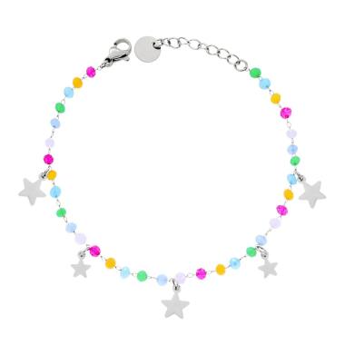 Bracciale Catena con Crystal Multicolor Pastello e Stelle plain pendenti in ACCIAIO