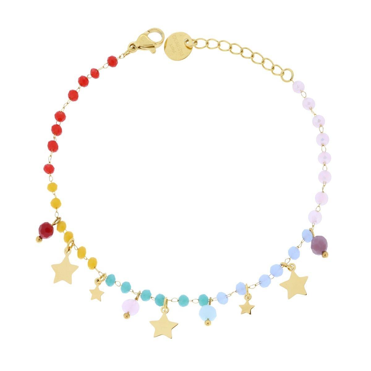 Bracciale Catena con Crystal Multicolor Rainbow e Stelle plain pendenti in ACCIAIO colore Oro<BR>