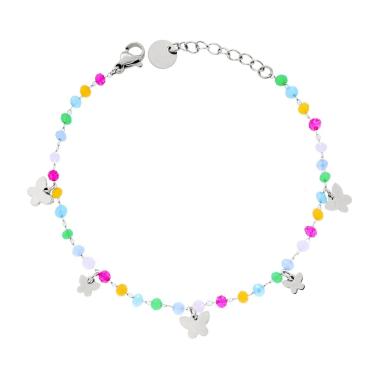 Bracciale Catena con Crystal Multicolor Pastello e Farfalle plain pendenti in ACCIAIO