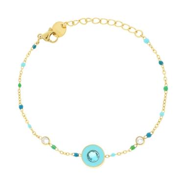 Bracciale Catena Forzatina Diamantata con Tondo e Crystal e Smalto Verde in ACCIAIO colore Oro<BR>