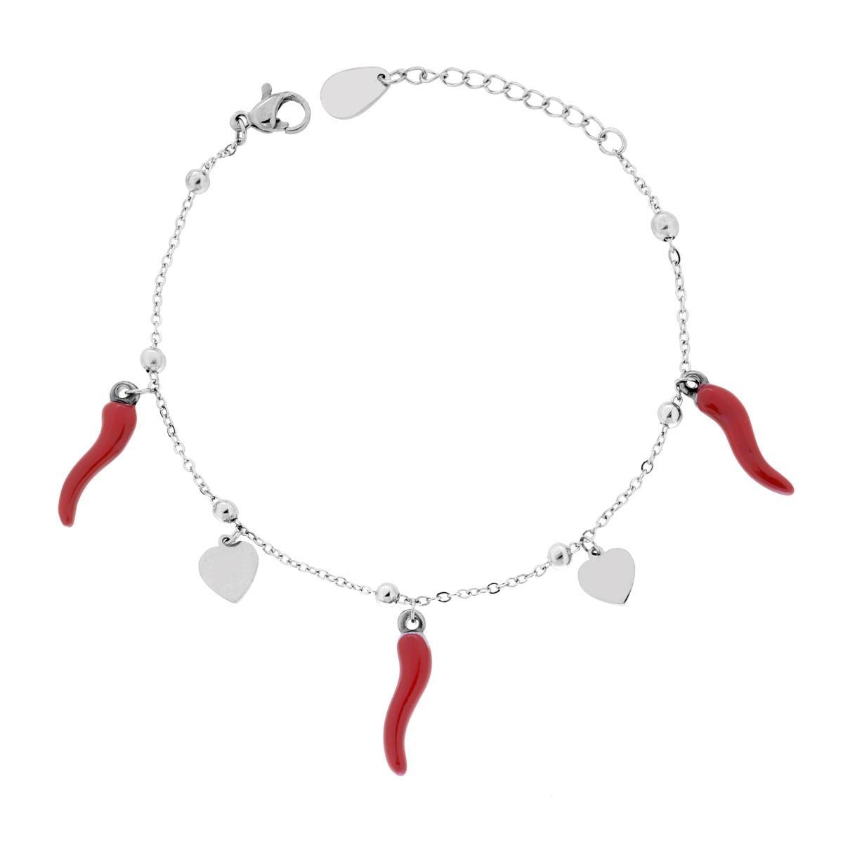 Bracciale Catena Forzatina Diamantata con Corni smalto Rosso e Cuori plain pendenti in ACCIAIO<BR>