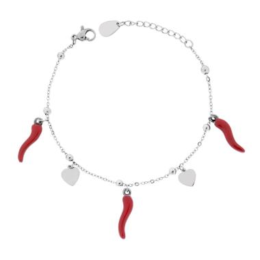 Bracciale Catena Forzatina Diamantata con Corni smalto Rosso e Cuori plain pendenti in ACCIAIO<BR>