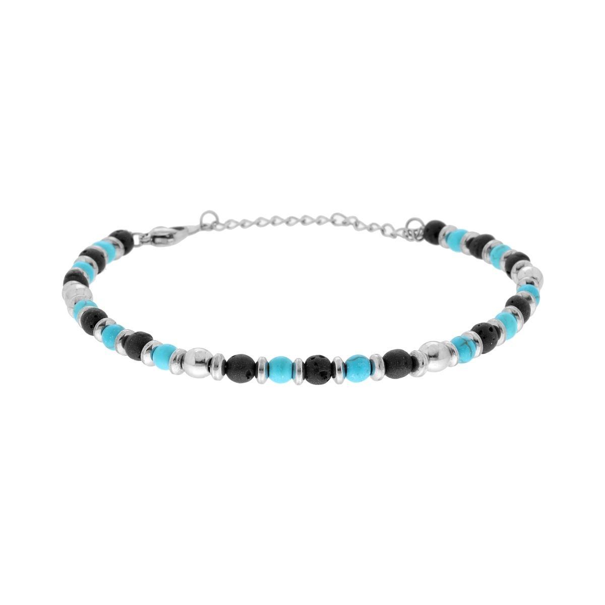 Bracciale Catena con Anelli Palline e Pietre Turchese e Nero in ACCIAIO<BR>