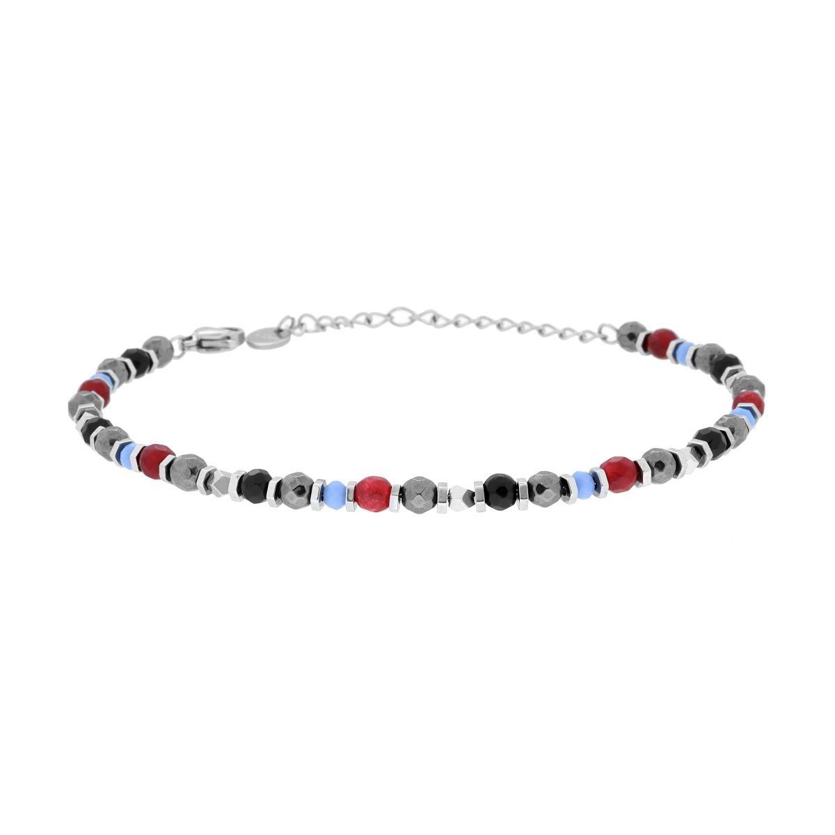 Bracciale Catena con Bulloncini alternati a Pietre Corniola Rosso e Multicolor in ACCIAIO <BR>