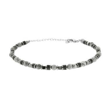 Bracciale Catena con Cubetti Cilindretti e Pietre Grigie in ACCIAIO<BR>