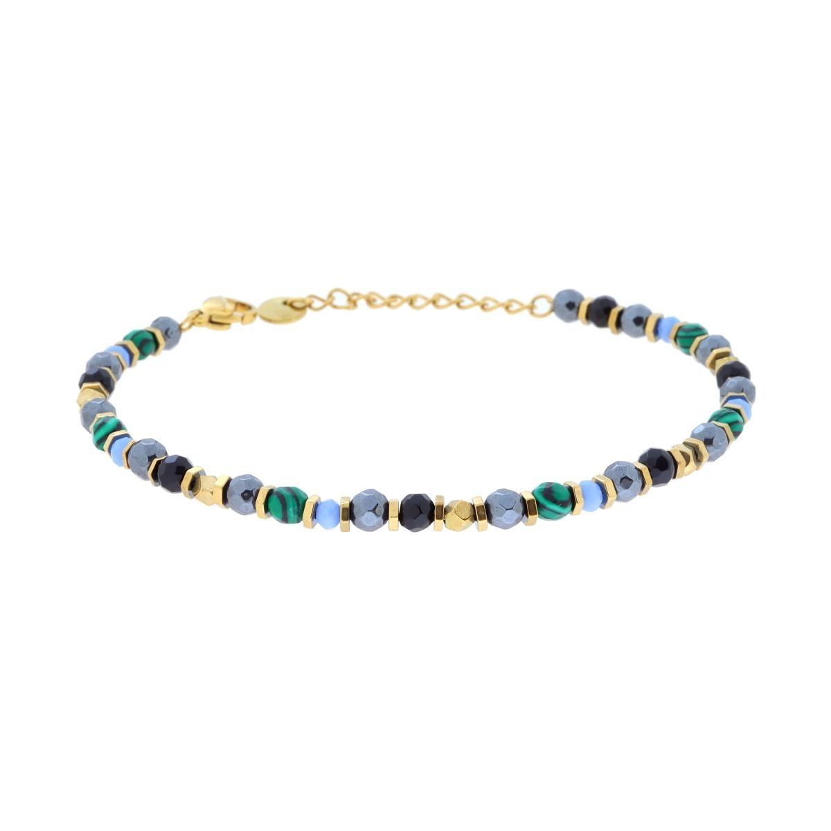 Bracciale Catena con Bulloncini alternati a Pietre Verde Malachite e Multicolor in ACCIAIO colore Oro<BR>