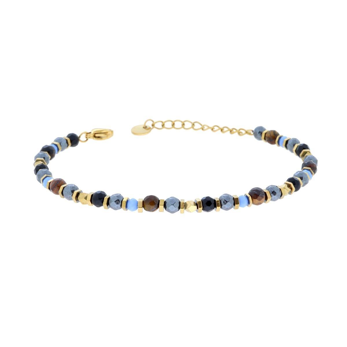 Bracciale Catena con Bulloncini alternati a Pietre Occhio di Tigre e Multicolor in ACCIAIO colore Oro<BR>