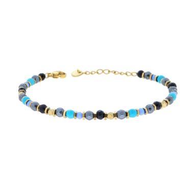 Bracciale Catena con Bulloncini alternati a Pietre Turchese e Multicolor in ACCIAIO colore Oro