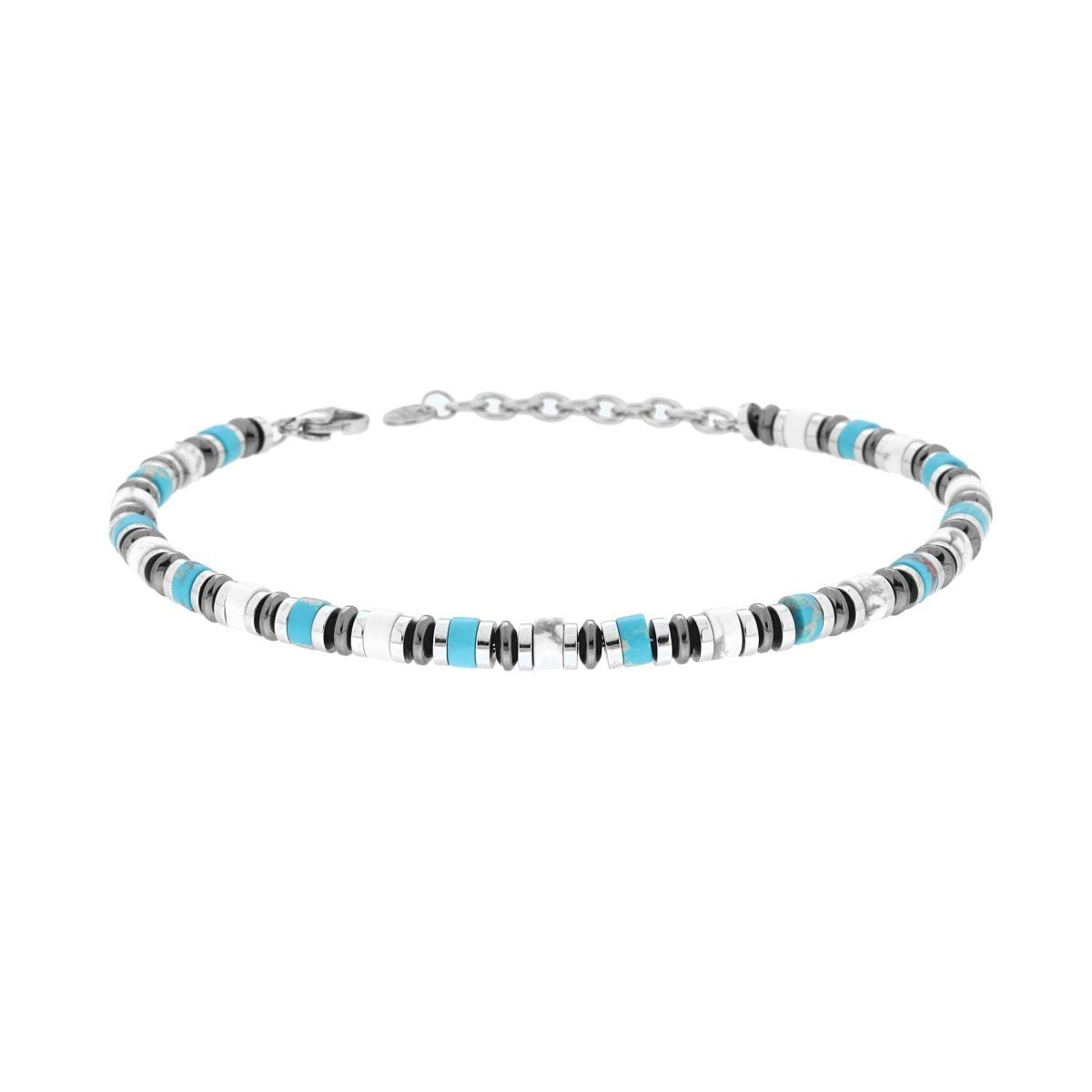 Bracciale Catena con Anelli e Cilindretti Pietre Bianco Howlite e Turchese in ACCIAIO<BR>