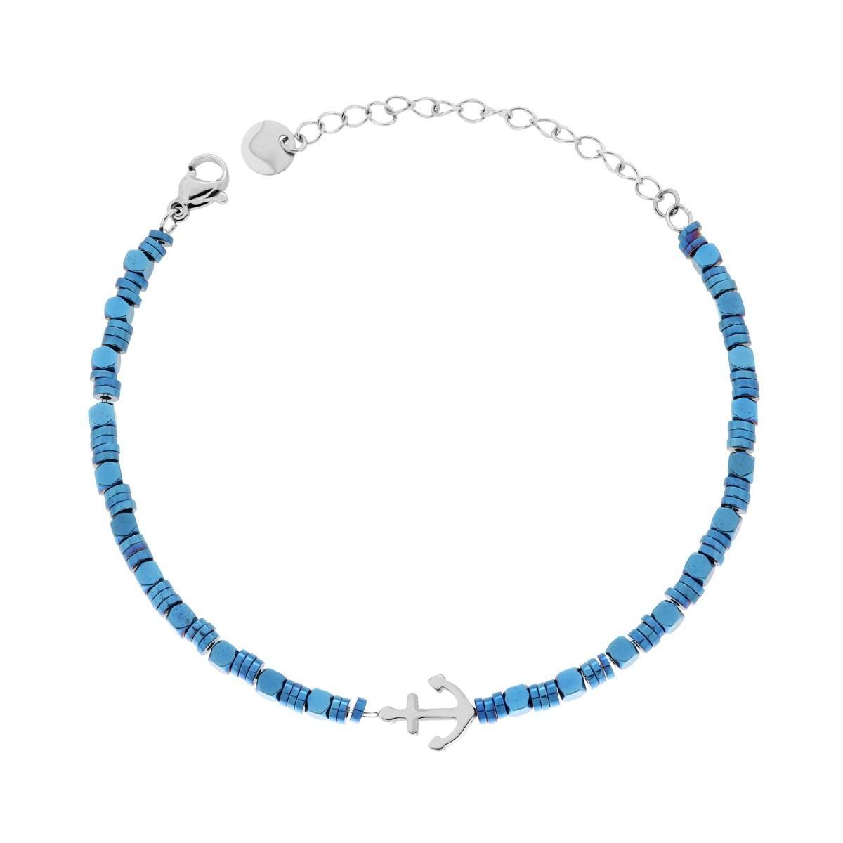 Bracciale Catena Anelli e Cubetti Blu con Ancora in ACCIAIO<BR>