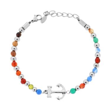Bracciale Catena con Palline alternate a Pietre Multicolor e Ancora centrale in ACCIAIO<BR>