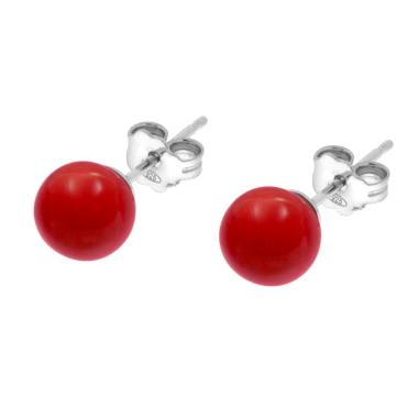 Orecchini Perla mm 8 Rosso Corallo in ARGENTO 925 Galvanica Rodio<BR>