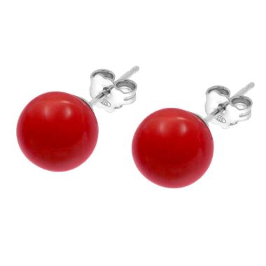 Orecchini Perla mm 10 Rosso Corallo in ARGENTO 925 Galvanica Rodio<BR>