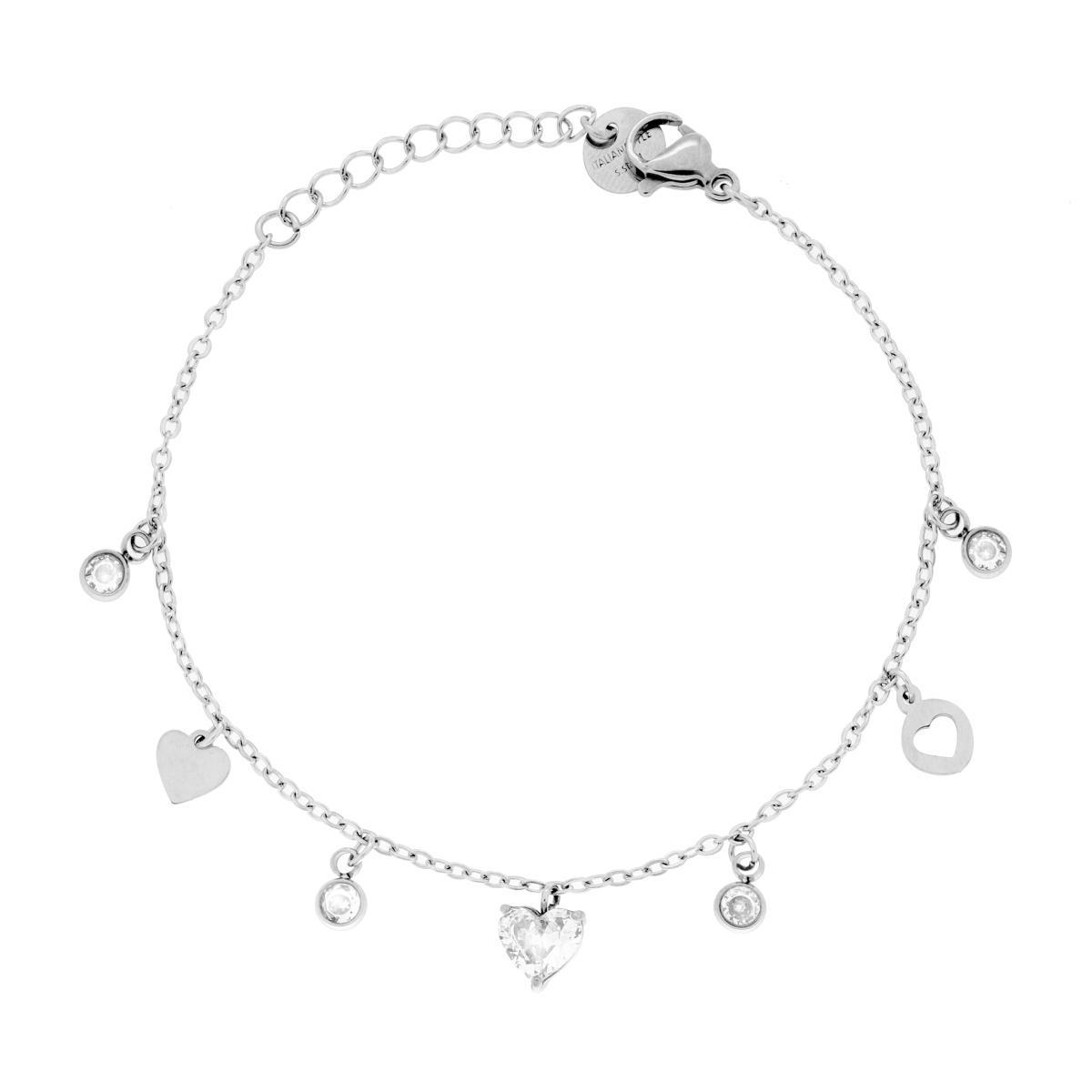 Bracciale Catena Forzatina Diamantata con Cuori pendenti e Crystal Bianchi in ACCIAIO<BR>