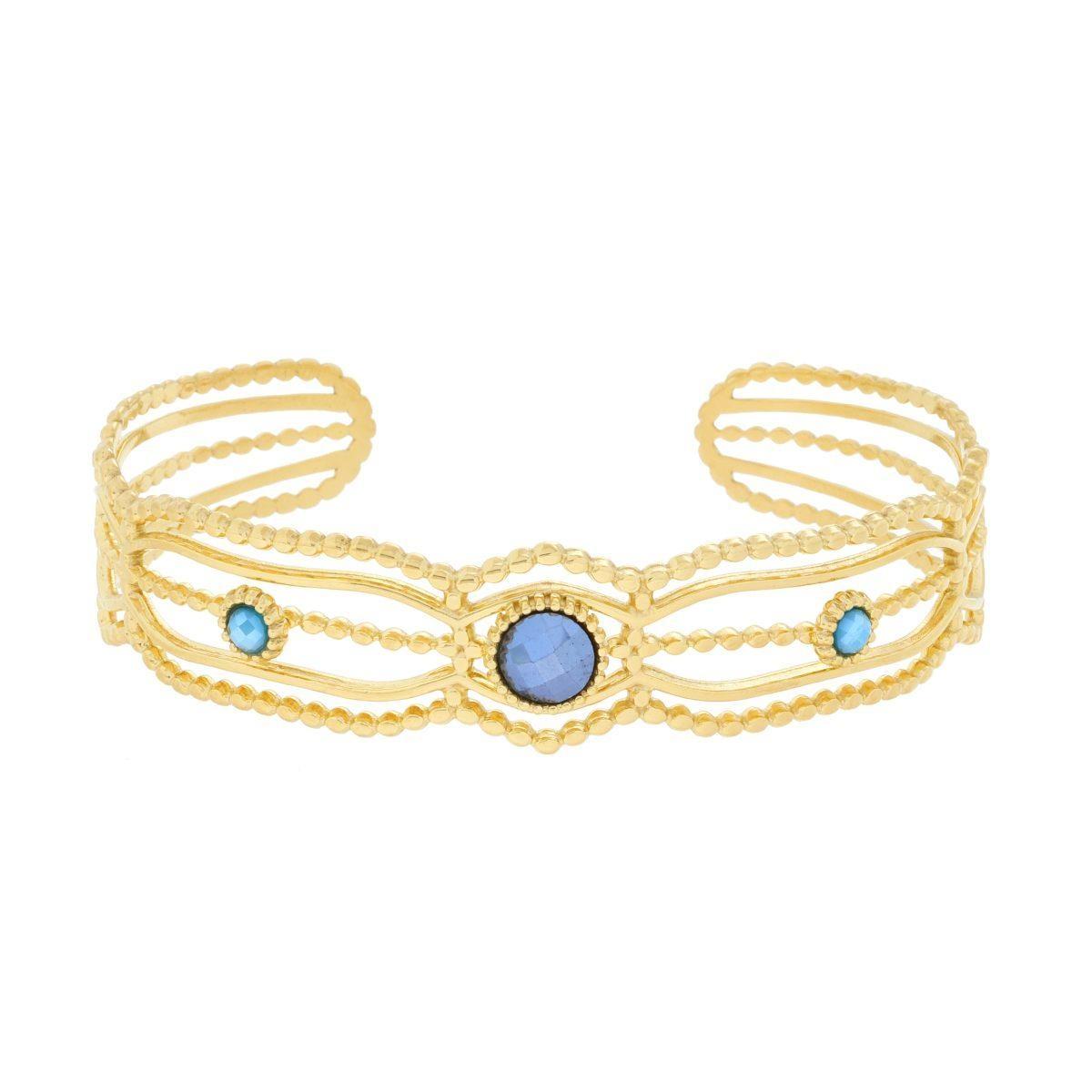 Bracciale Rigido modello Schiava Multifilo con Crystal Blu in ACCIAIO colore Oro<BR>