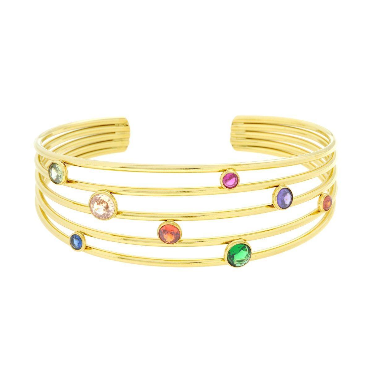 Bracciale Rigido modello Schiava Multifilo con Crystal Multicolor in ACCIAIO colore Oro<BR>