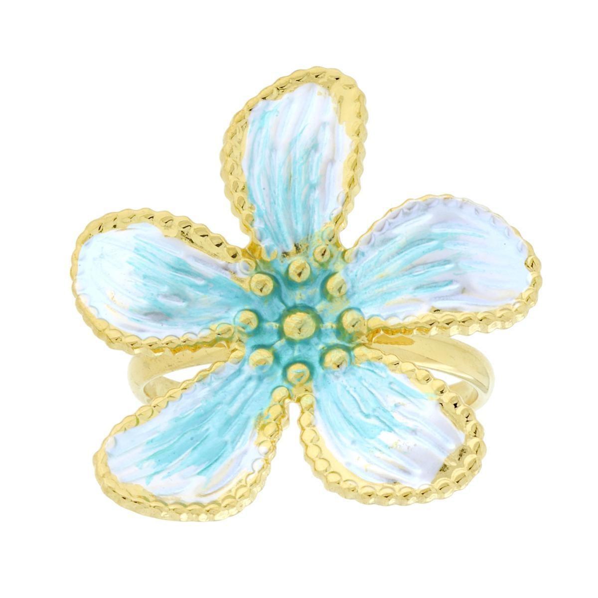 Anello Fiore con Smalto Perlato colore Bianco e Azzurro in ACCIAIO colore Oro<BR>