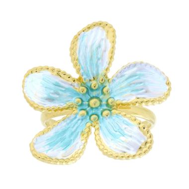 Anello Fiore con Smalto Perlato colore Bianco e Azzurro in ACCIAIO colore Oro<BR>