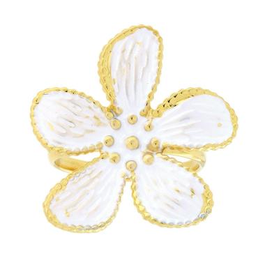 Anello Fiore con Smalto Perlato colore Bianco in ACCIAIO colore Oro<BR>