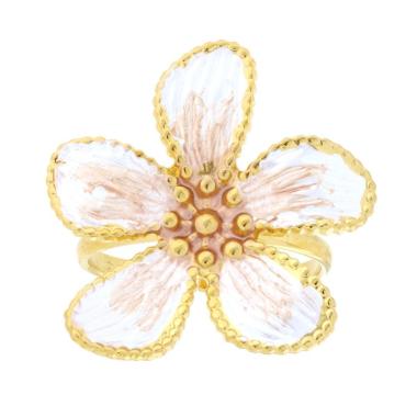 Anello Fiore con Smalto Perlato colore Bianco e Bronzo in ACCIAIO colore Oro<BR>
