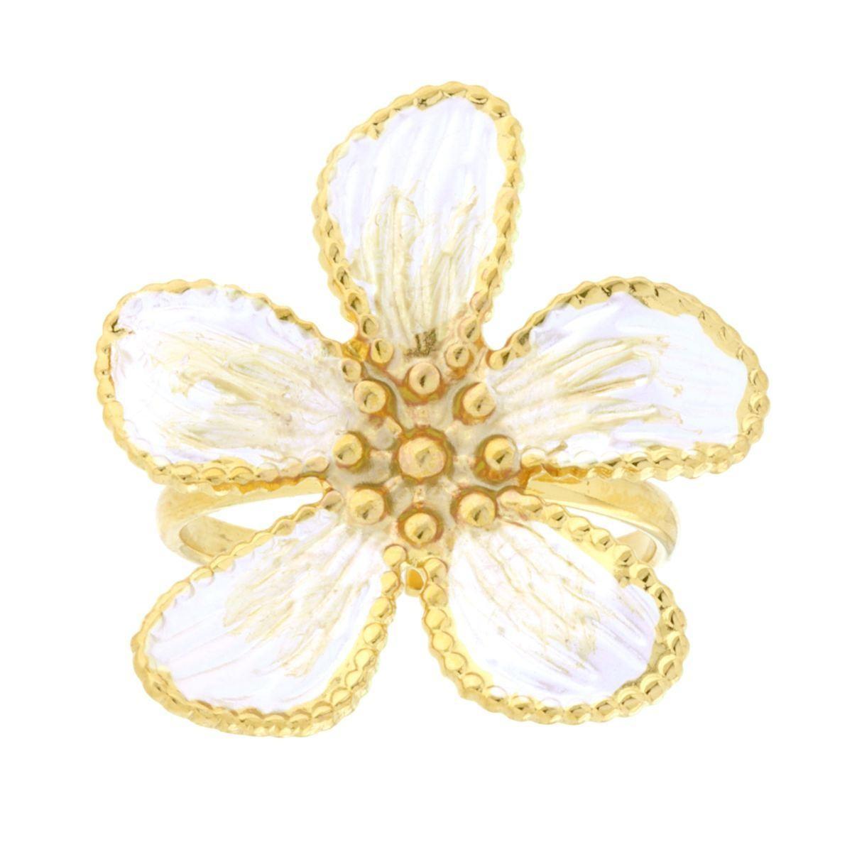 Anello Fiore con Smalto Perlato colore Bianco e Oro in ACCIAIO colore Oro<BR>