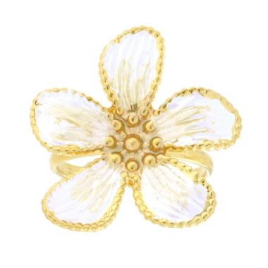 Anello Fiore con Smalto Perlato colore Bianco e Oro in ACCIAIO colore Oro<BR>