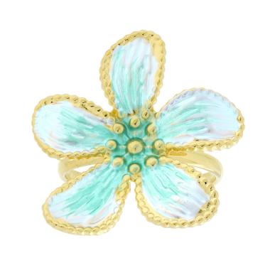 Anello Fiore con Smalto Perlato colore Bianco e Verde in ACCIAIO colore Oro<BR>