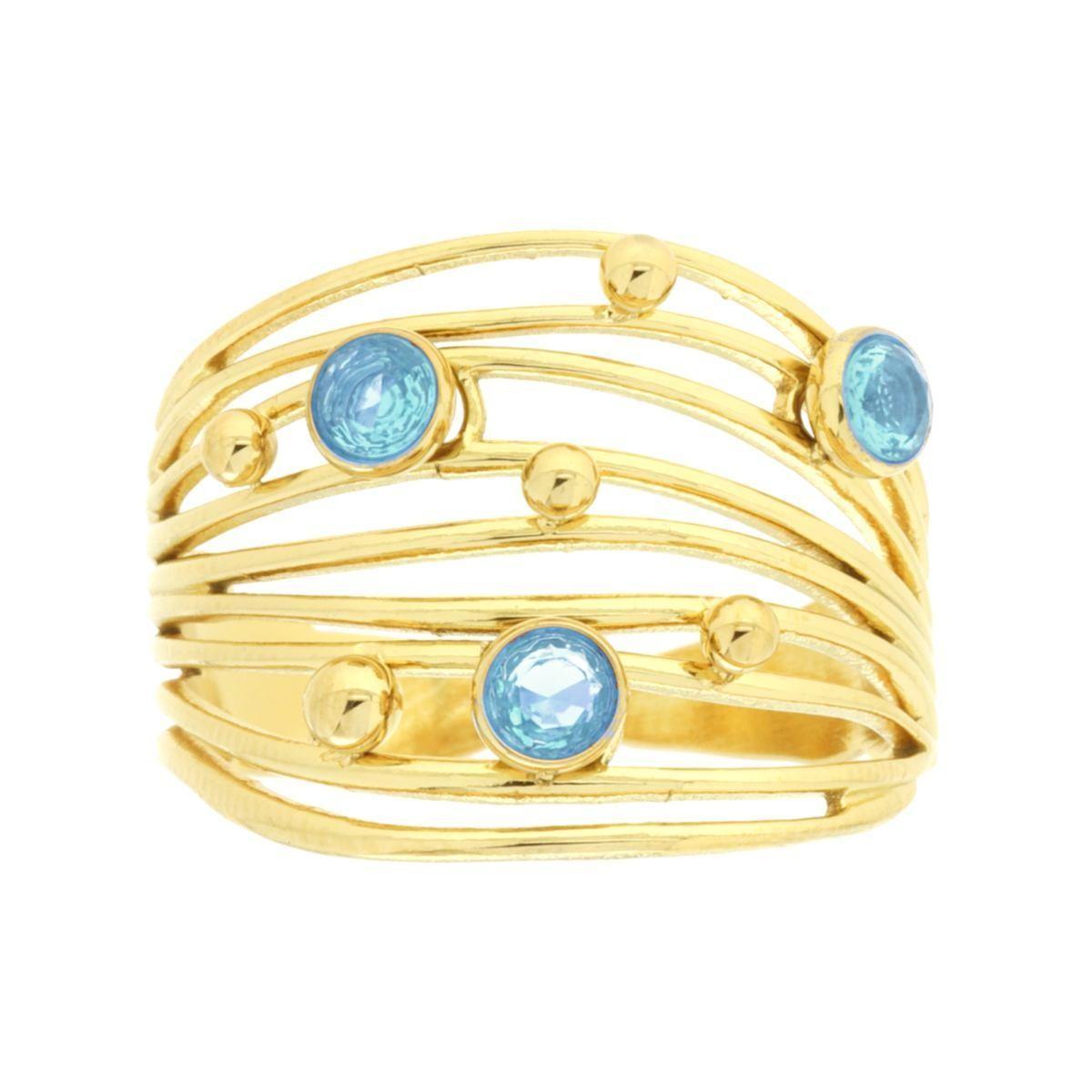 Anello Fascia Multifilo con Crystal Azzurro in ACCIAIO colore Oro<BR>