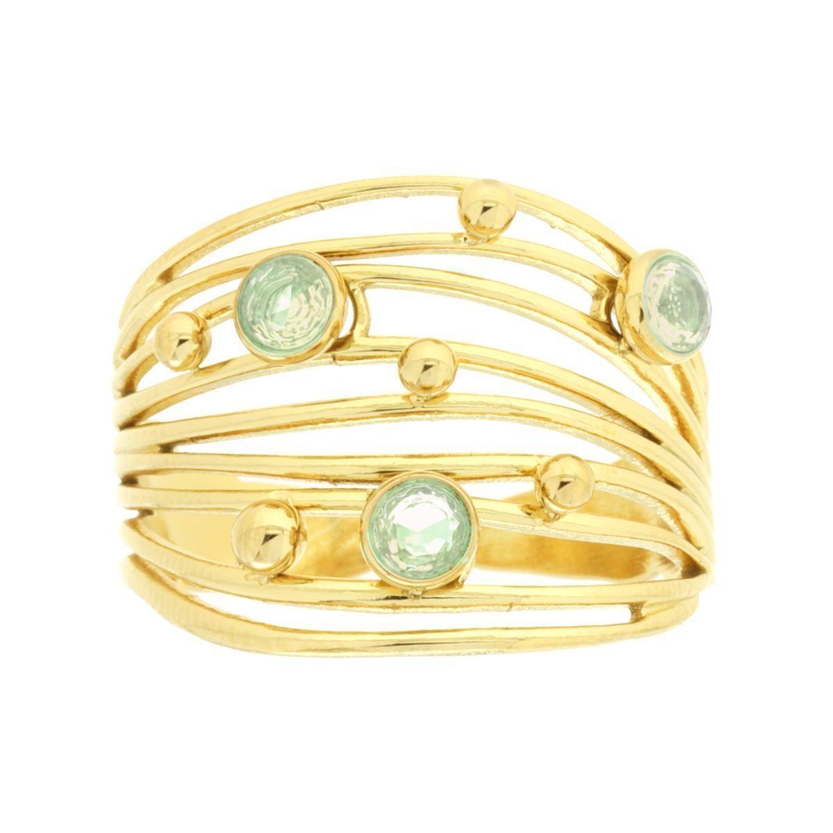 Anello Fascia Multifilo con Crystal Verde in ACCIAIO colore Oro<BR>
