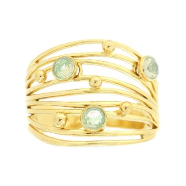 Anello Fascia Multifilo con Crystal Verde in ACCIAIO colore Oro<BR>