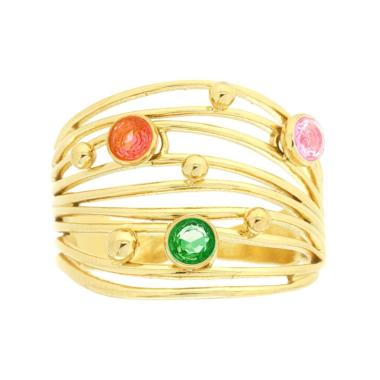 Anello Fascia Multifilo con Crystal Multicolor in ACCIAIO colore Oro<BR>